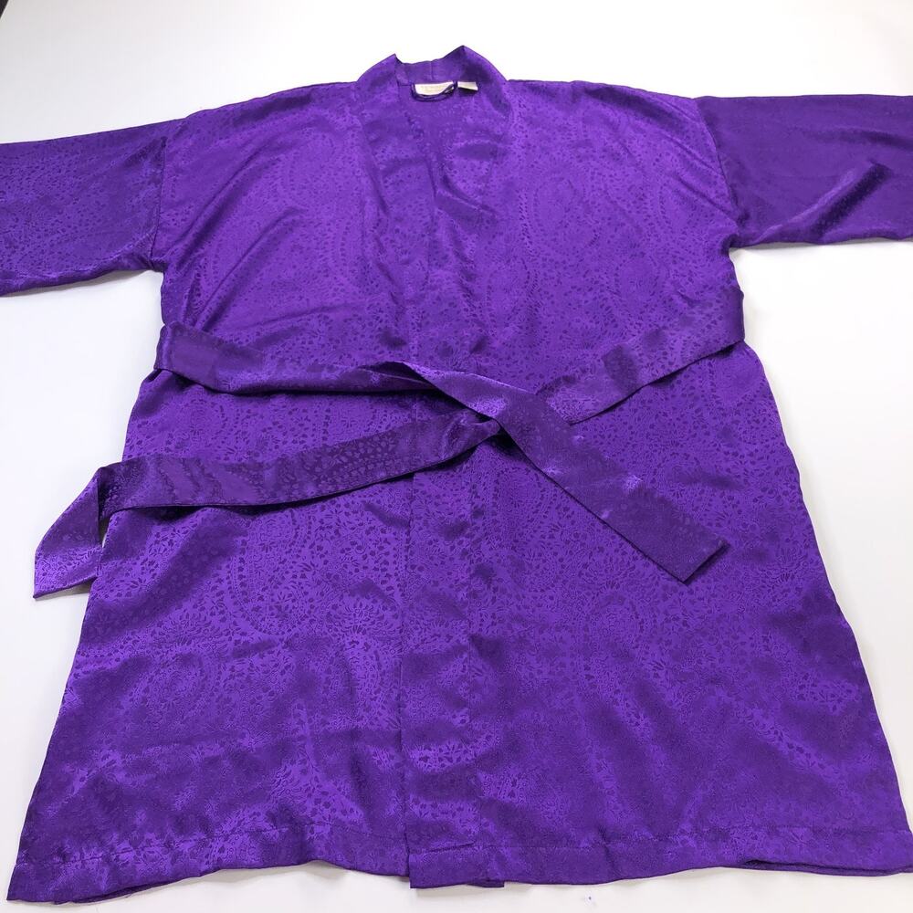 Vintage Victorias Secret Satin Short Robe One Size OS Jacquard Gold Label Purple